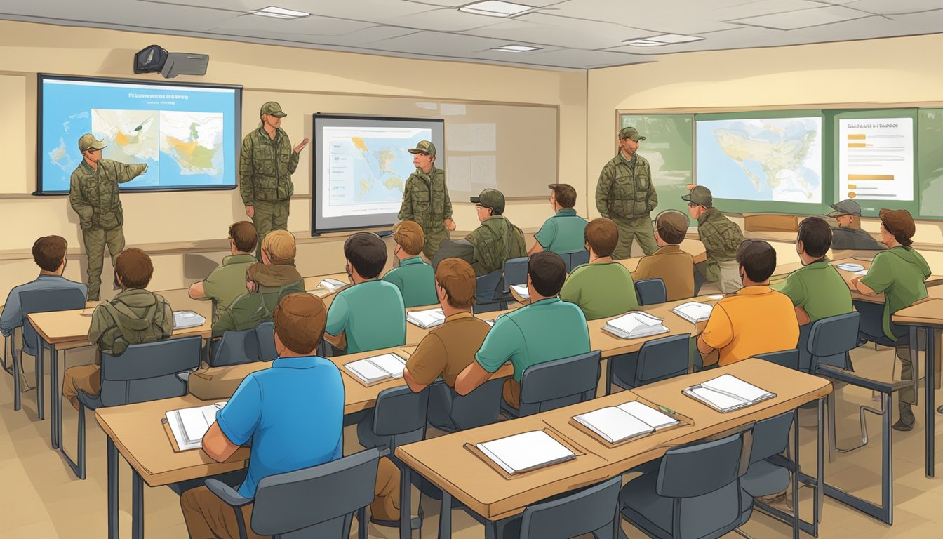 A group of hunters studying a presentation on hunting regulations in a classroom setting. Visual aids and educational materials are displayed on a screen