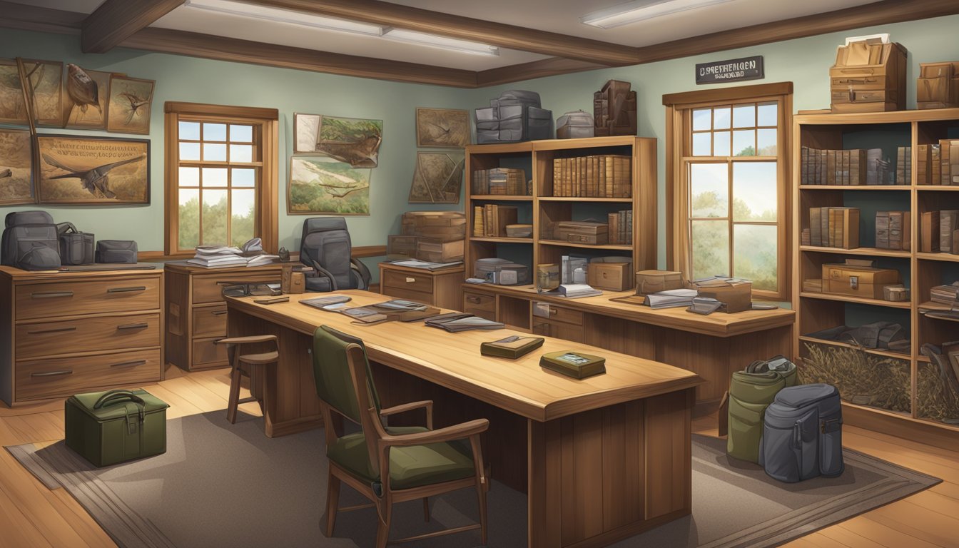 A hunter education office with hunting gear, safety posters, and educational materials