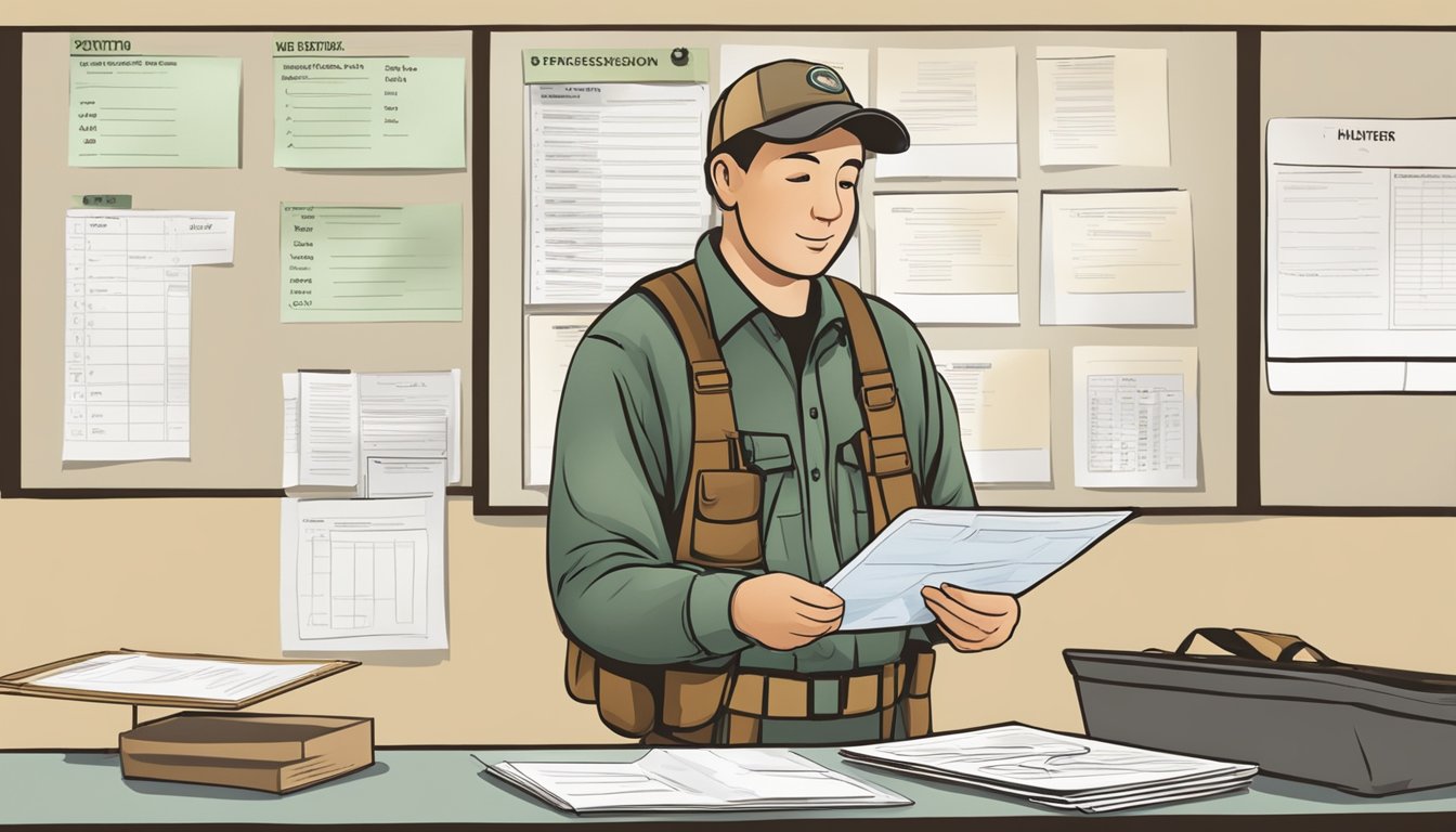 A hunter education instructor stands at a registration table with course materials and a sign-up sheet