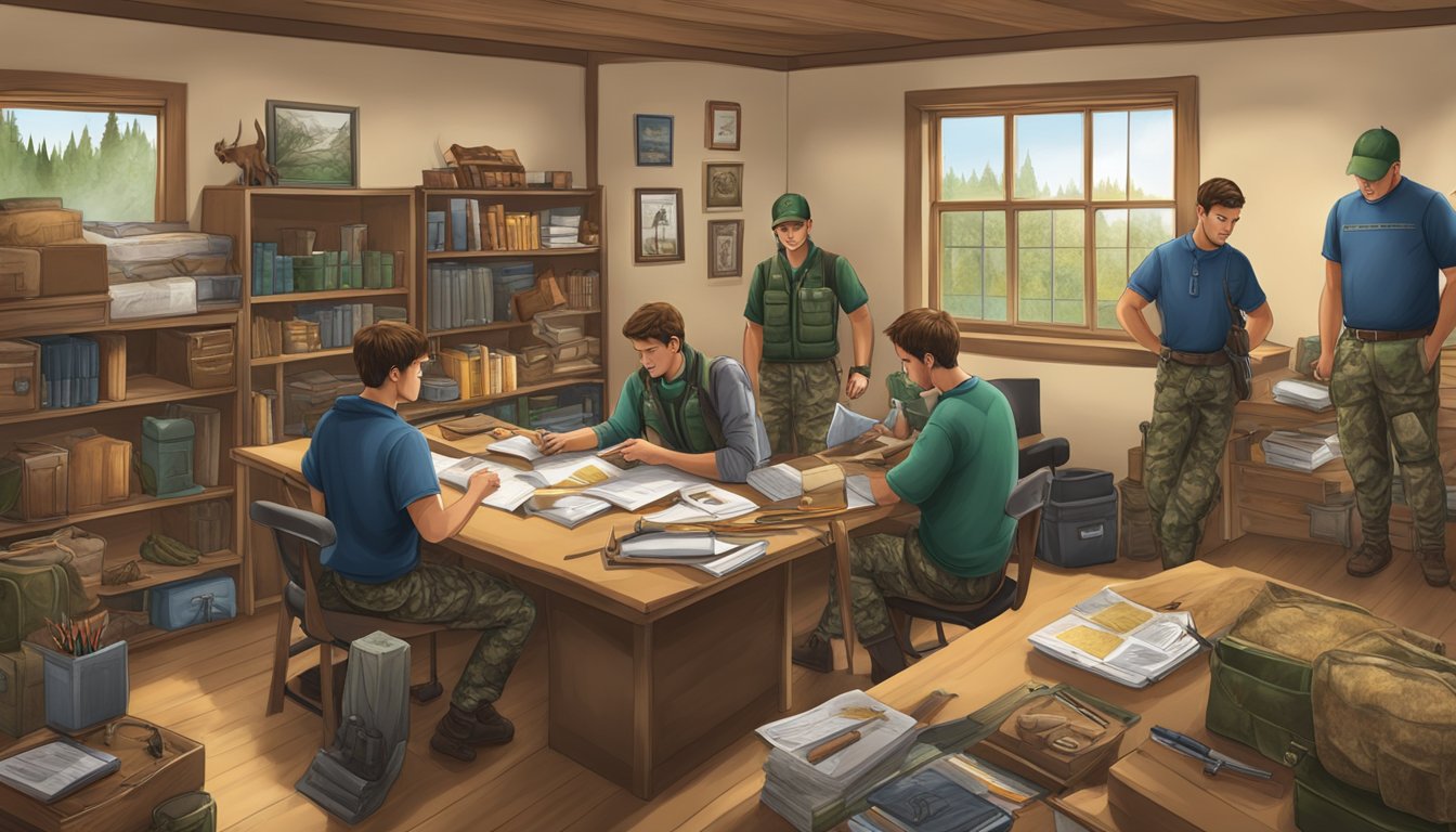 A hunter education office with students completing certification process, surrounded by hunting gear and educational materials