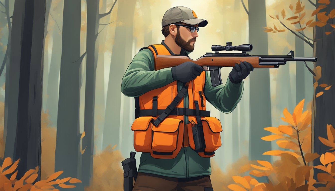 A hunter wearing safety gear, including a bright orange vest and a helmet, while demonstrating proper firearm handling and safety techniques in a forest setting