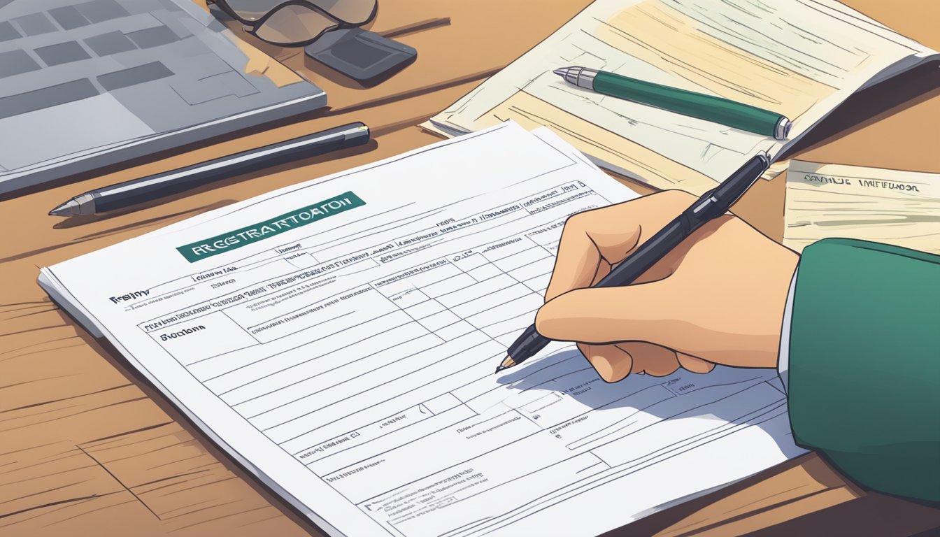 A person filling out a registration form for hunter education, with a pen and document on a desk