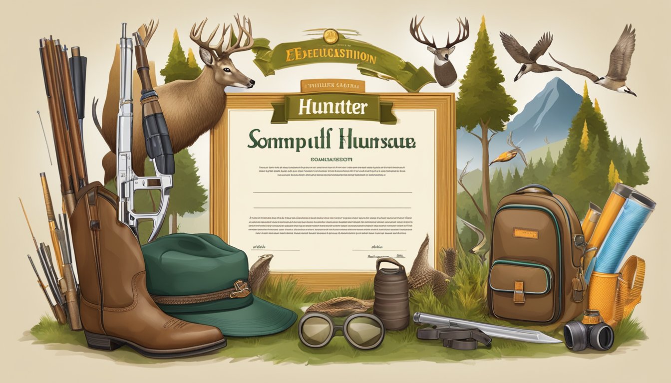 A hunter education completion certificate surrounded by hunting gear and wildlife illustrations