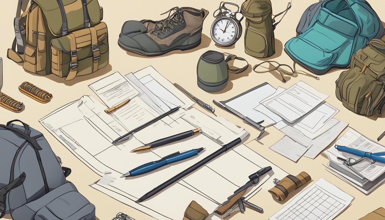 A person filling out a form with a pen, surrounded by hunting gear and educational materials