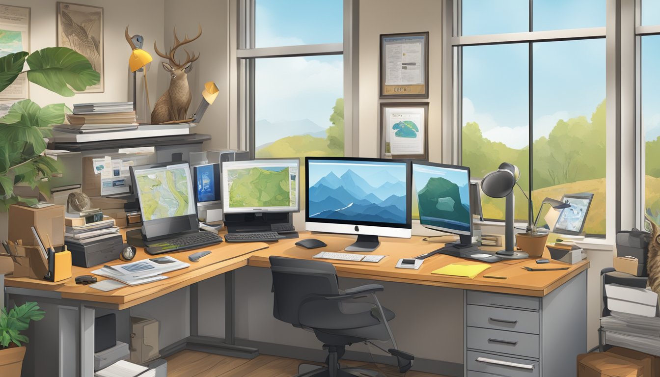 A desk with a computer, hunting gear, and educational materials in an office with wildlife posters and safety signs