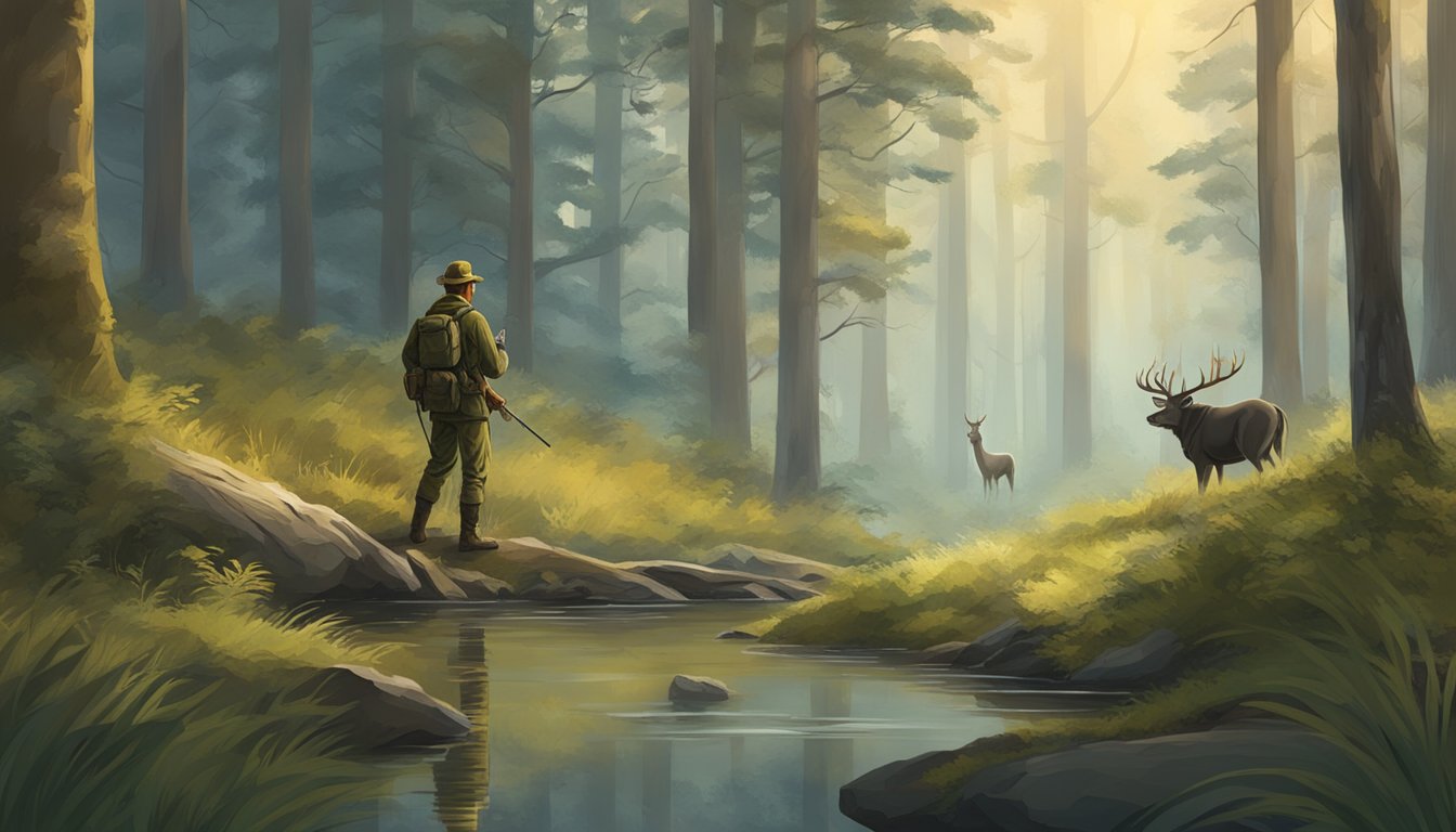 A serene forest with a hunter quietly stalking prey, followed by a successful hunt with the hunter proudly displaying their catch