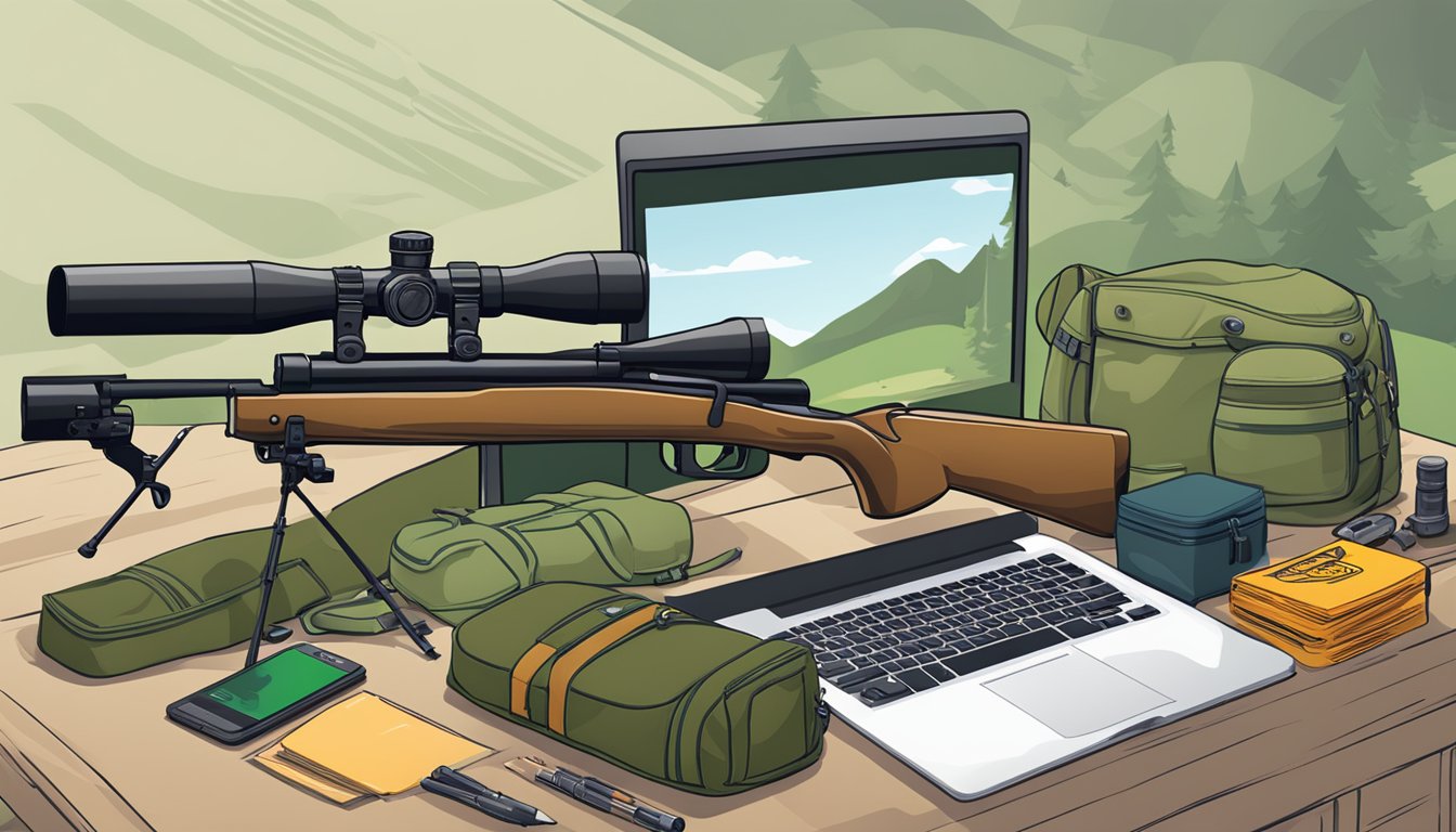 A computer screen displays an online hunter education course. A hunting rifle, backpack, and gear are laid out nearby for preparation