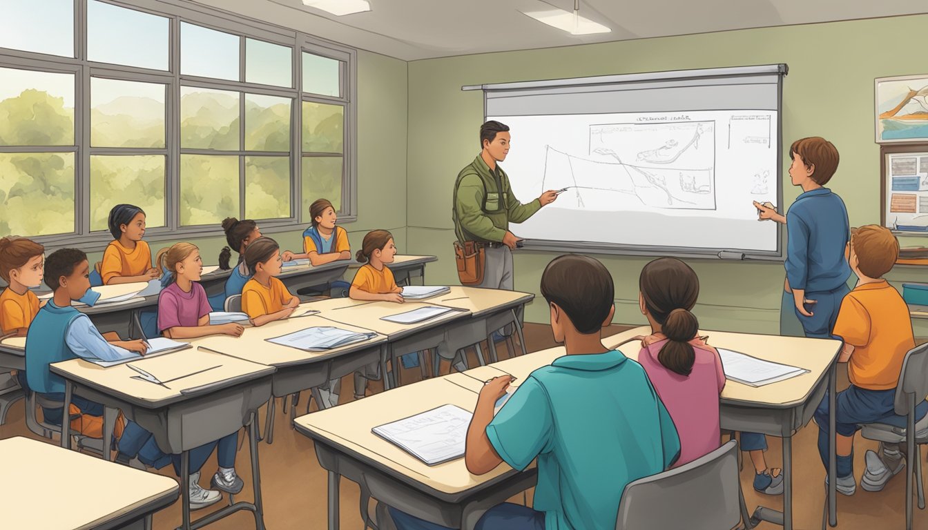 A classroom setting with a whiteboard displaying hunting safety regulations, while an instructor teaches a group of students