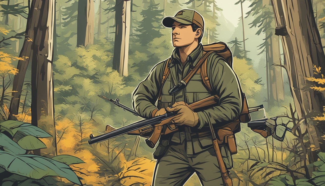 A hunter standing in a forest, holding a rifle and surrounded by wildlife. A sign nearby reads "Insurance and Liability for Hunters" with a logo of a hunting association