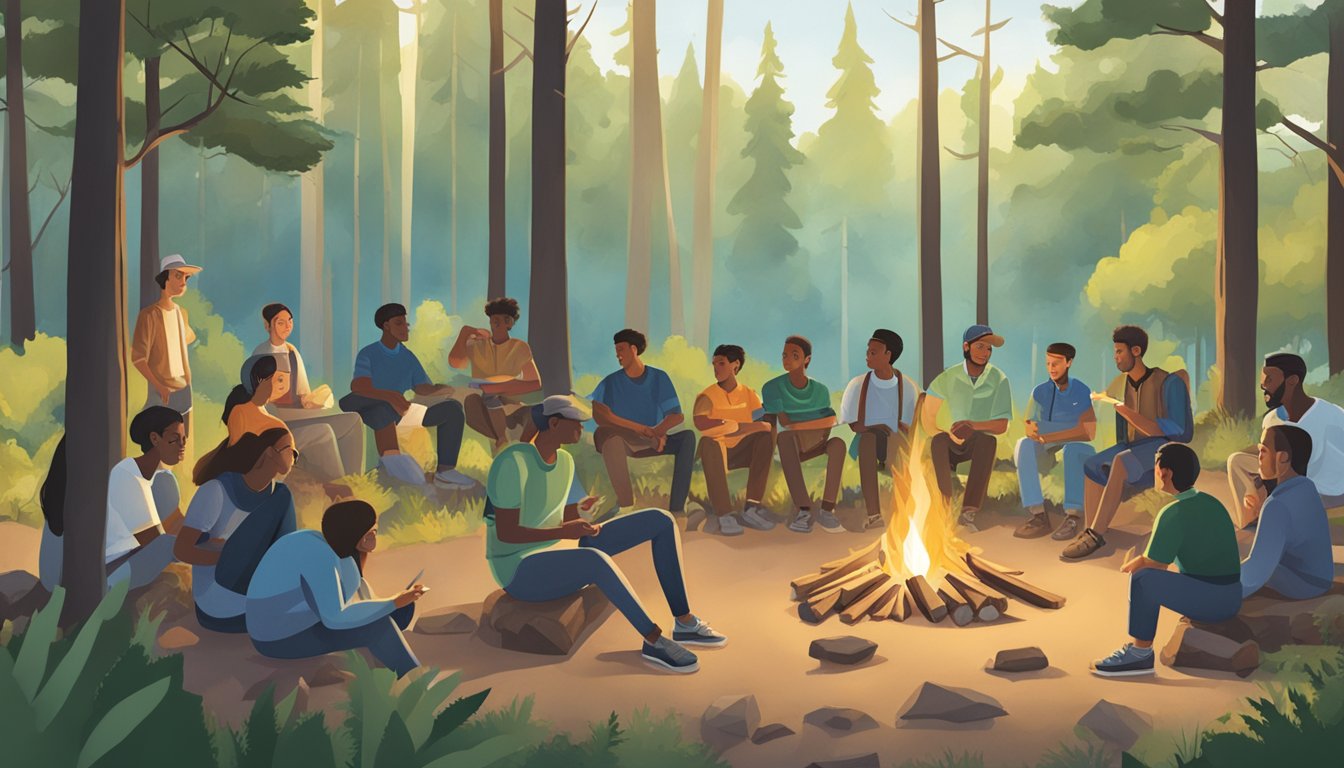 A group of people gather around a campfire, surrounded by nature. A banner with "Hunter Education Program" hangs nearby, while participants engage in outdoor activities