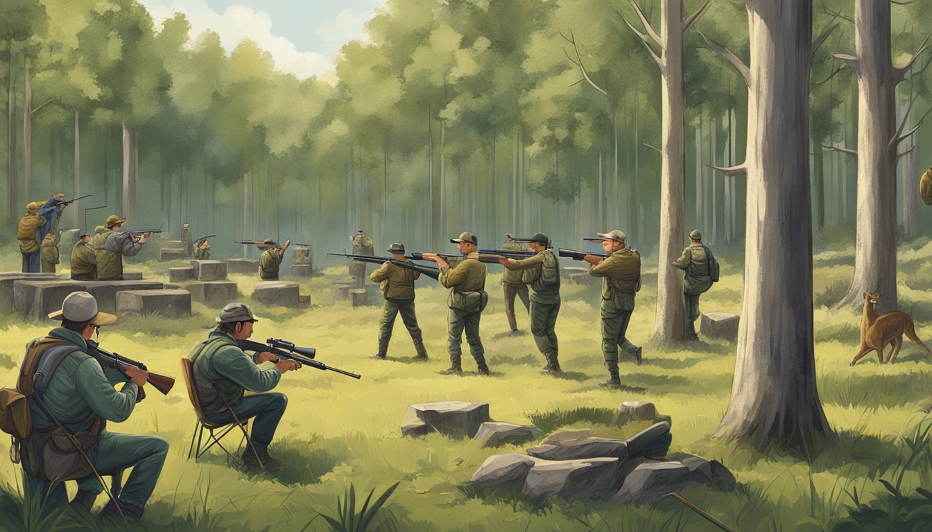 A group of hunters gather at an outdoor range, surrounded by trees and wildlife. Targets are set up at various distances for practice