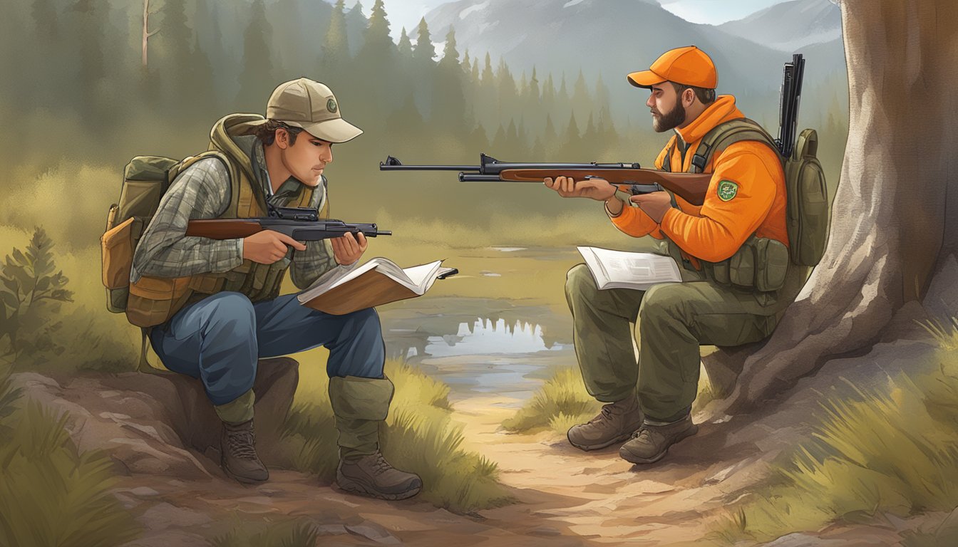 A hunter holding a rifle and studying a hunter education manual next to an orange certification card