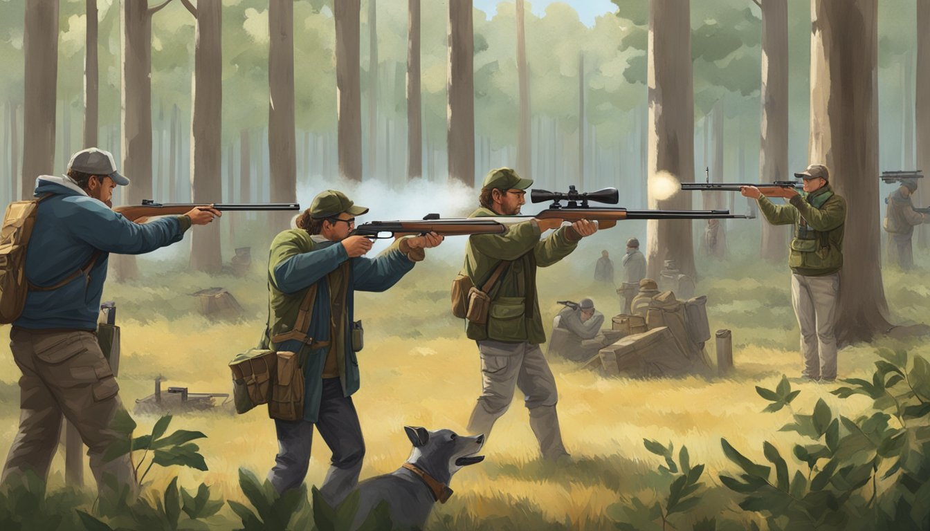 A group of hunters gather at a shooting range, surrounded by trees and targets. Gunshots echo through the air as they practice their marksmanship