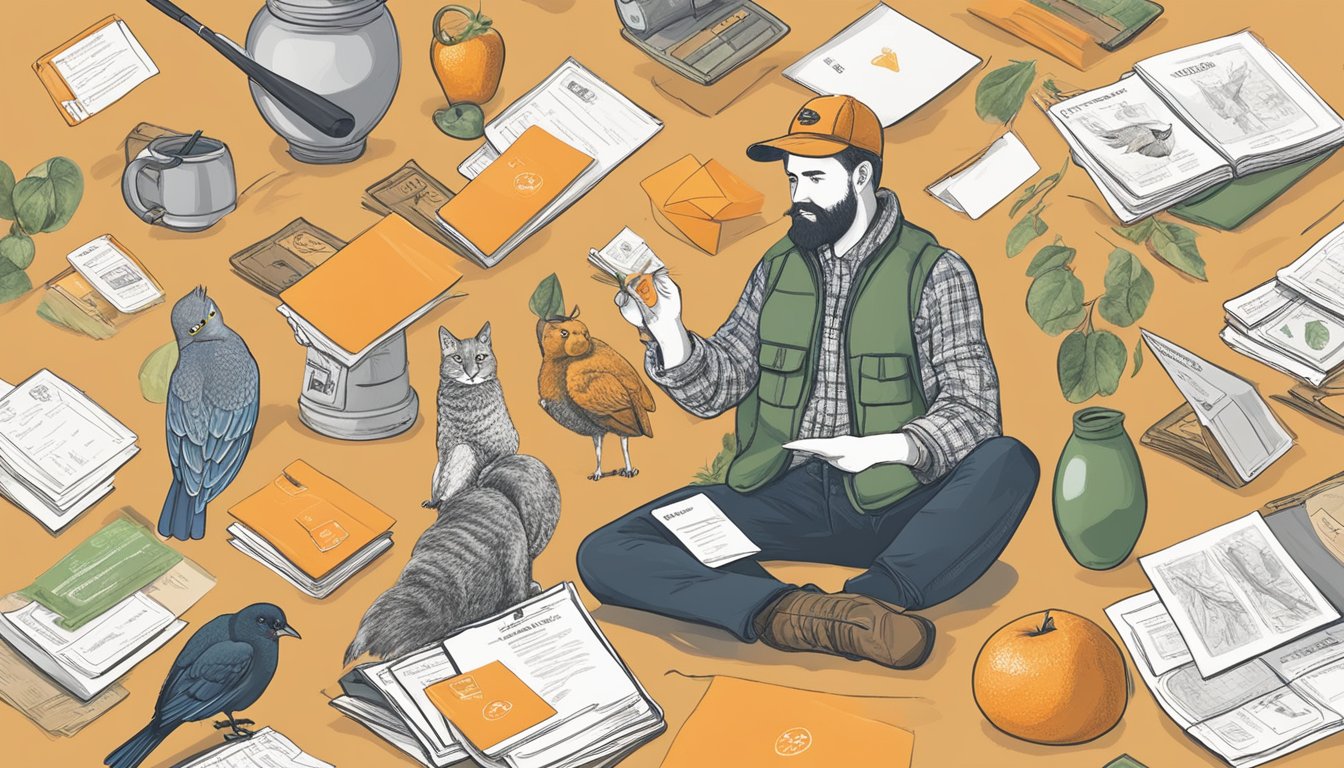 A hunter holding an orange card, surrounded by various options for Kentucky Hunter Education courses