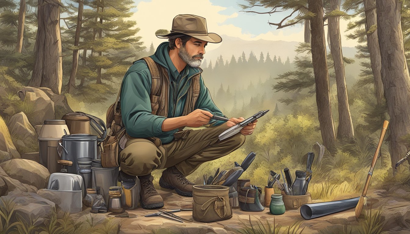 A hunter gathering supplies, sharpening tools, and studying wildlife