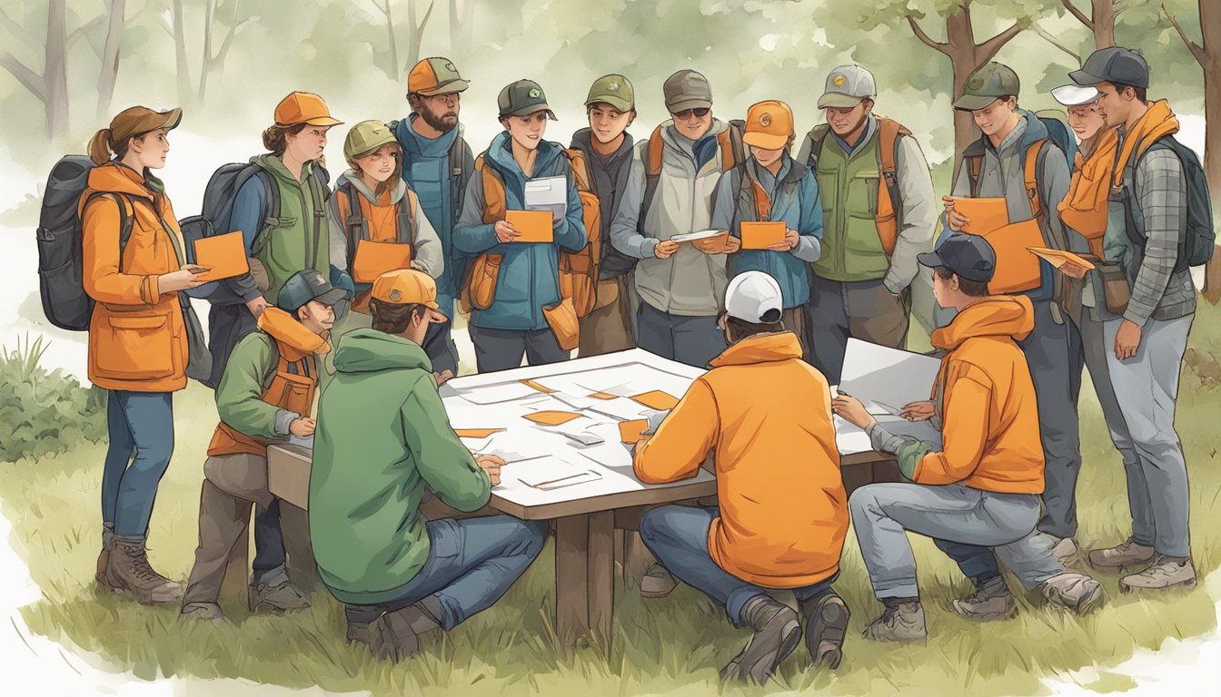 A group of people in hunter education attire gather around an instructor holding an orange card. They are engaged in outdoor activities such as hiking, camping, and wildlife observation