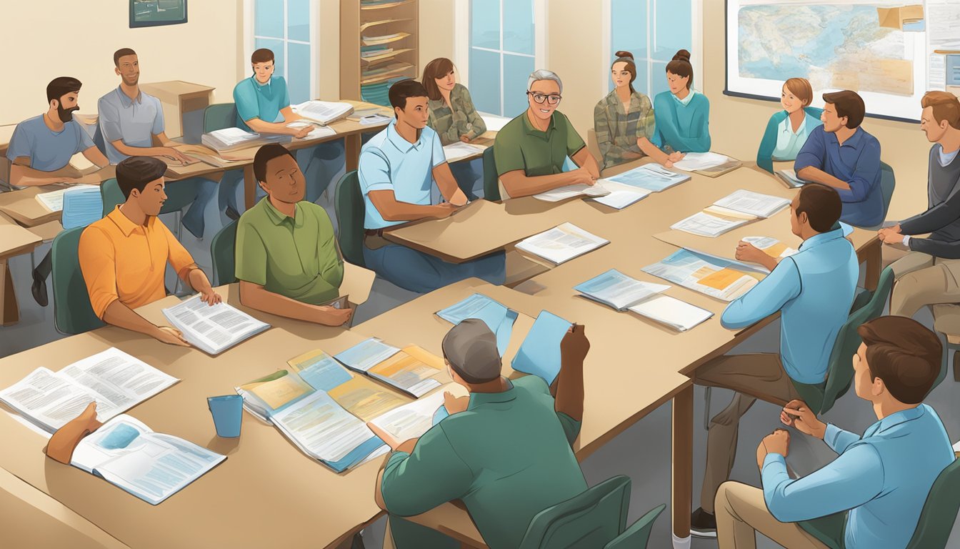 A group of people in a classroom setting, engaged in a discussion about hunting education and recruitment strategies. Materials such as brochures and training manuals are visible