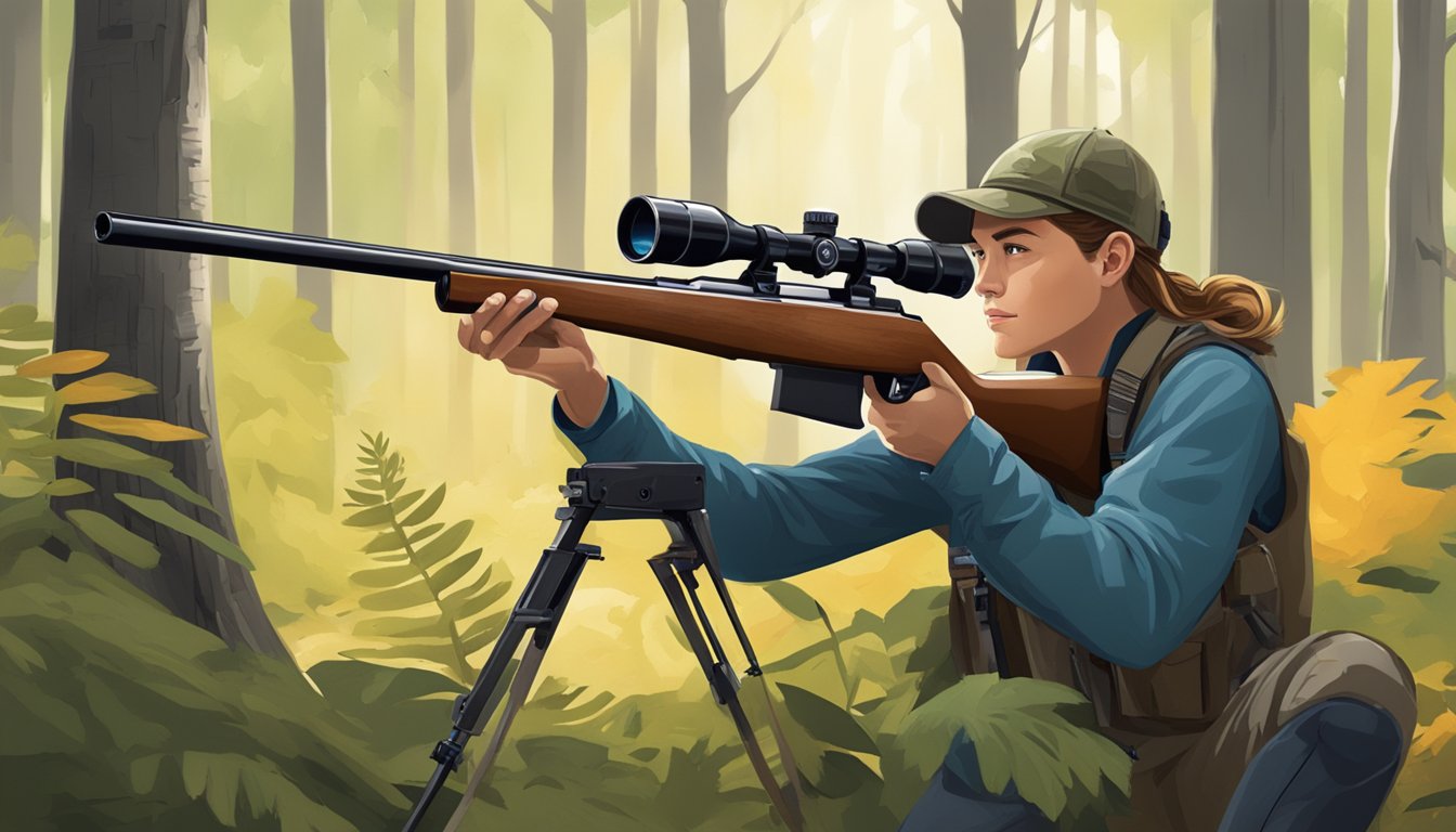 A hunter education student aiming a rifle at a target in a wooded area