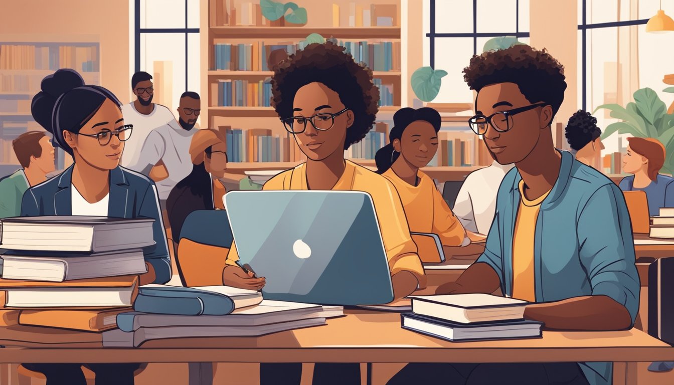 A group of diverse individuals engage in educational activities, surrounded by books, computers, and educational materials. The atmosphere is focused and determined, with a sense of growth and progress