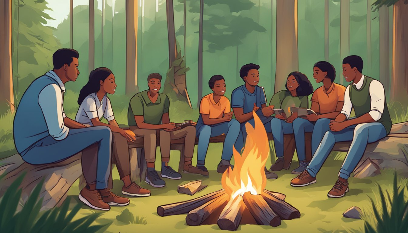 A group of diverse individuals gather around a campfire, surrounded by nature. A banner with the words "Hunter Education Recruitment" hangs above them