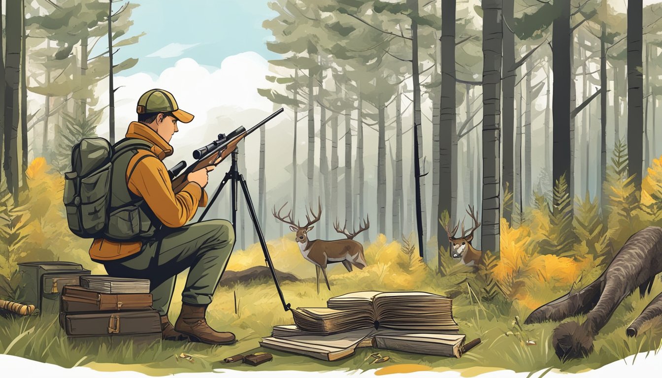 A hunter stands in a forest clearing, surrounded by various types of ammunition and equipment. They are studying a book on hunting and aiming carefully at a target