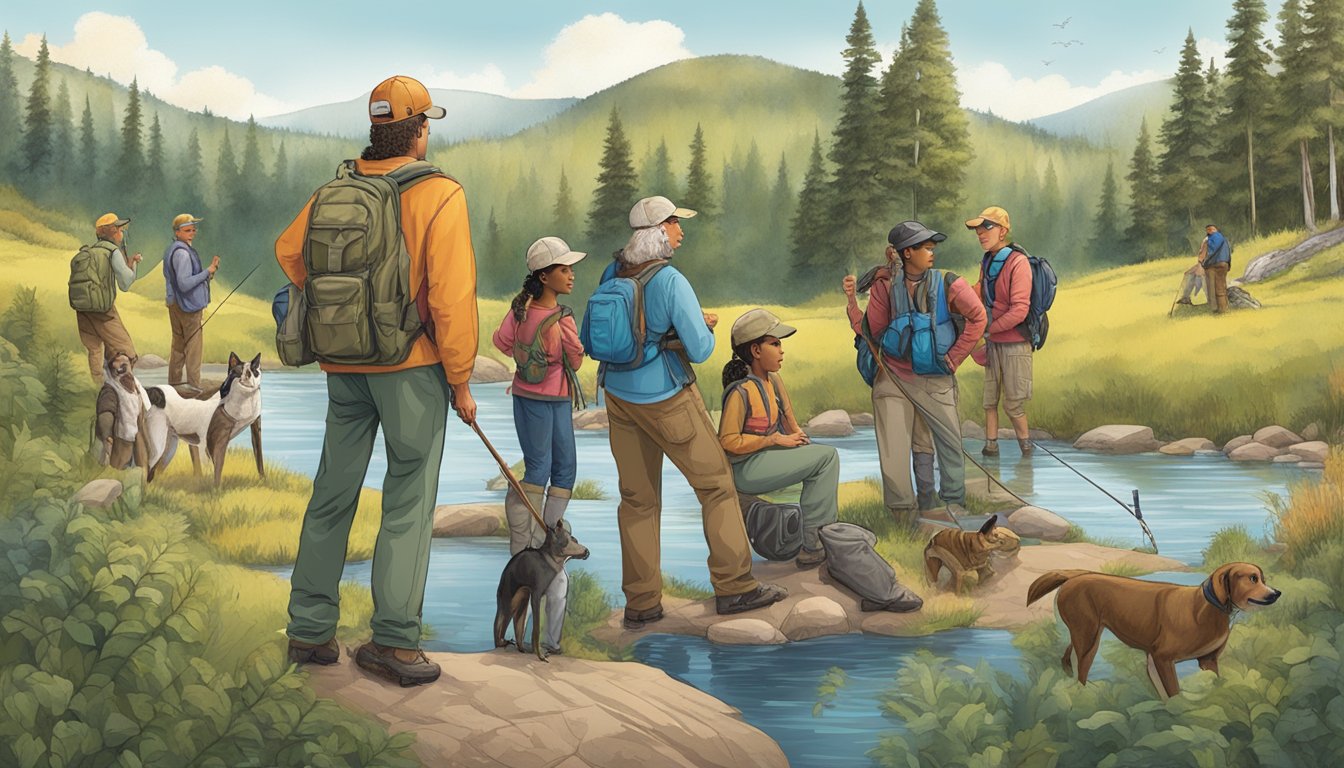 A diverse group of people of different ages and backgrounds engaging in outdoor activities such as hunting, fishing, and hiking, with an emphasis on safety and education