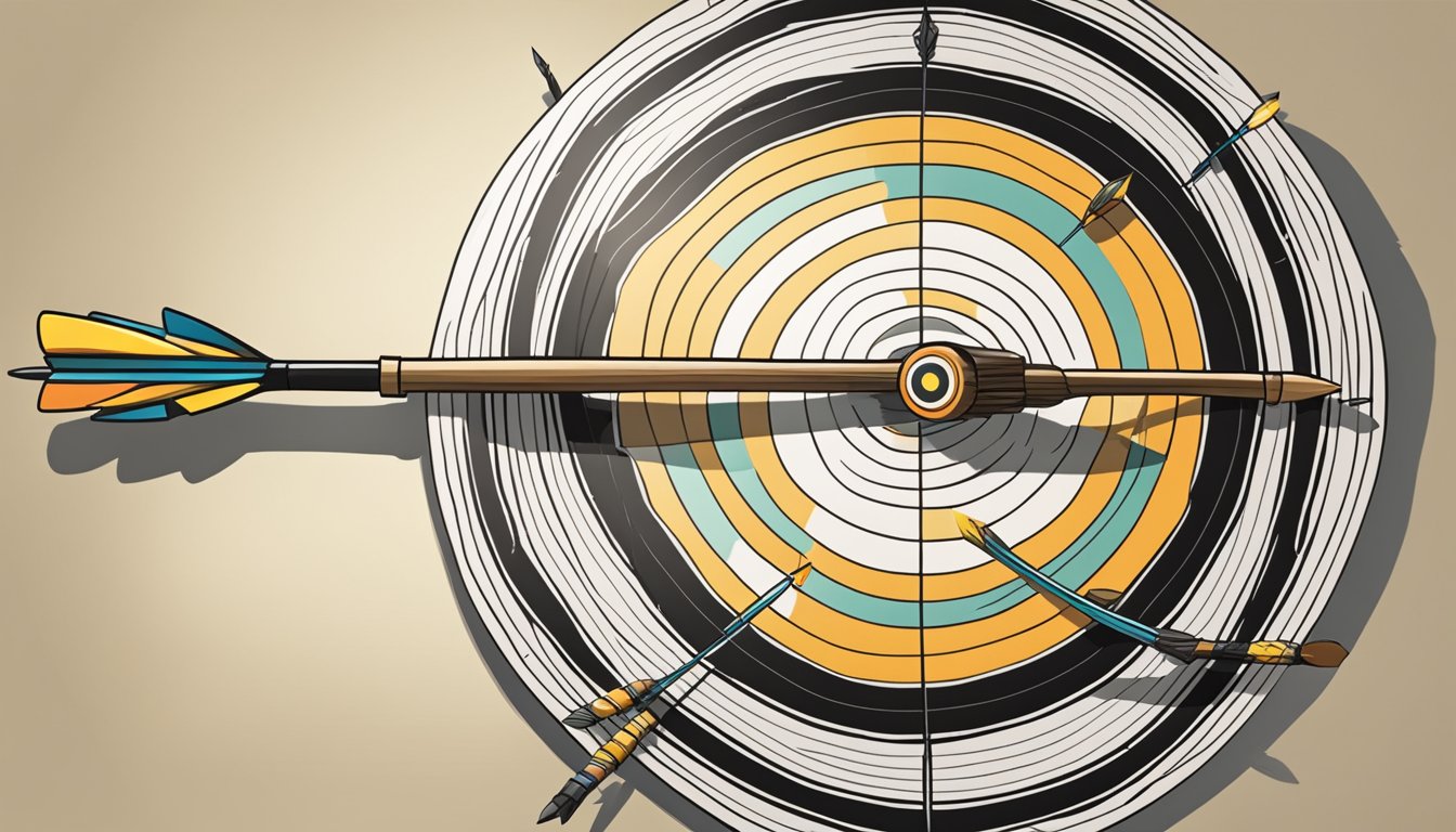 A bow and arrow set laid out on a table, next to a target with arrows neatly grouped around the bullseye