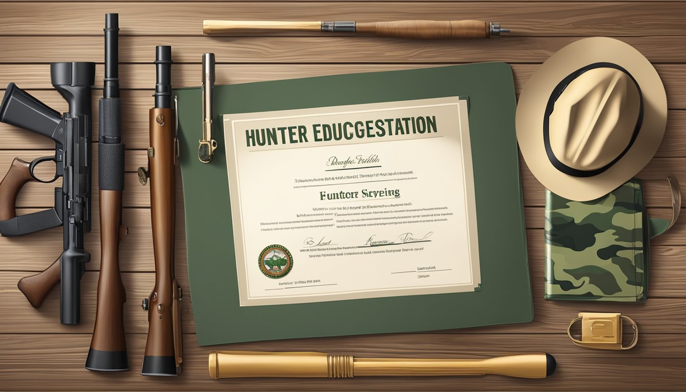 A hunter education registration certificate displayed on a wooden table with a hunting rifle and camouflage gear