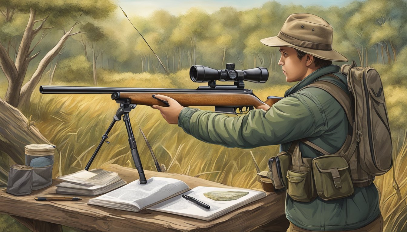 A hunter aims at a target in a wildlife conservation area, surrounded by educational materials on wildlife laws