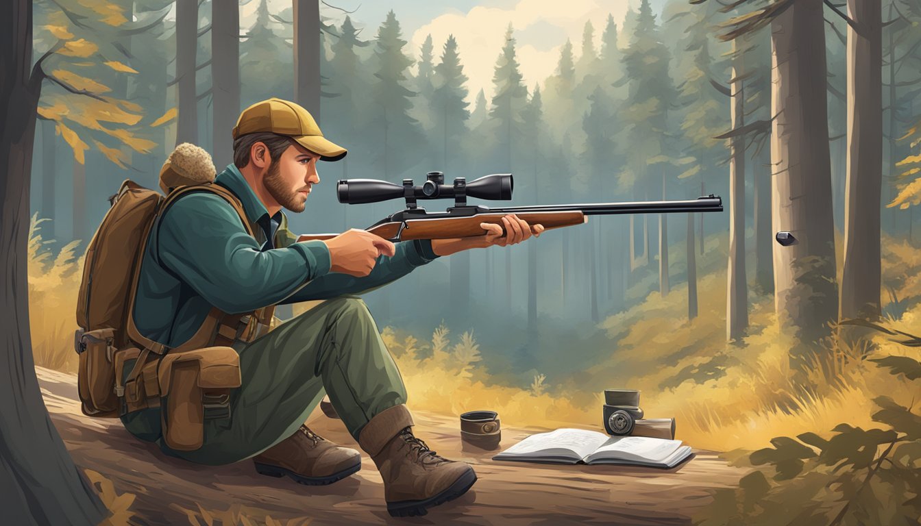 A hunter studying a safety manual, taking a written test, then confidently aiming a rifle in the woods