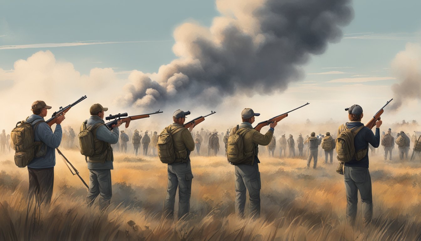 A group of people gather in a field with targets and hunting equipment, holding up their registration certificates. Smoke rises from a distant live-fire range