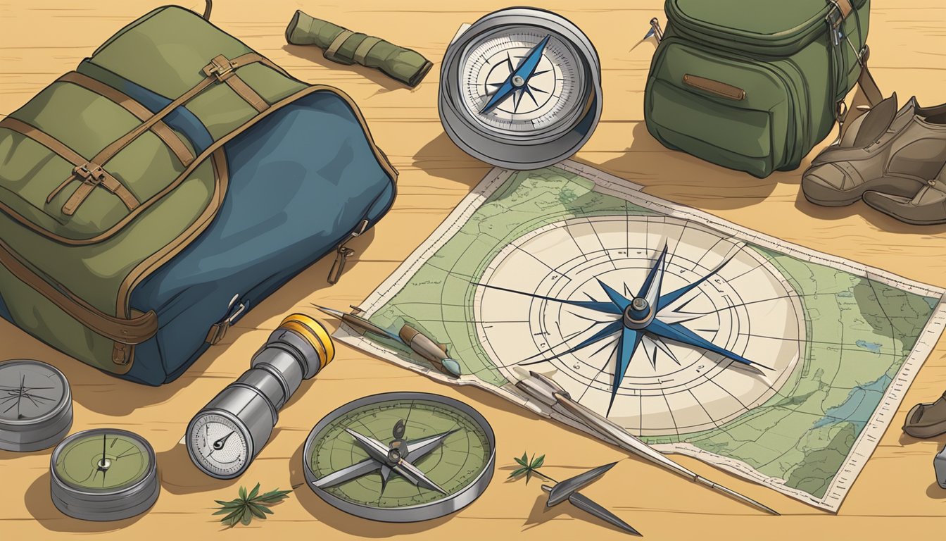 A compass, map, and survival gear laid out on a table. A target with arrows in the background