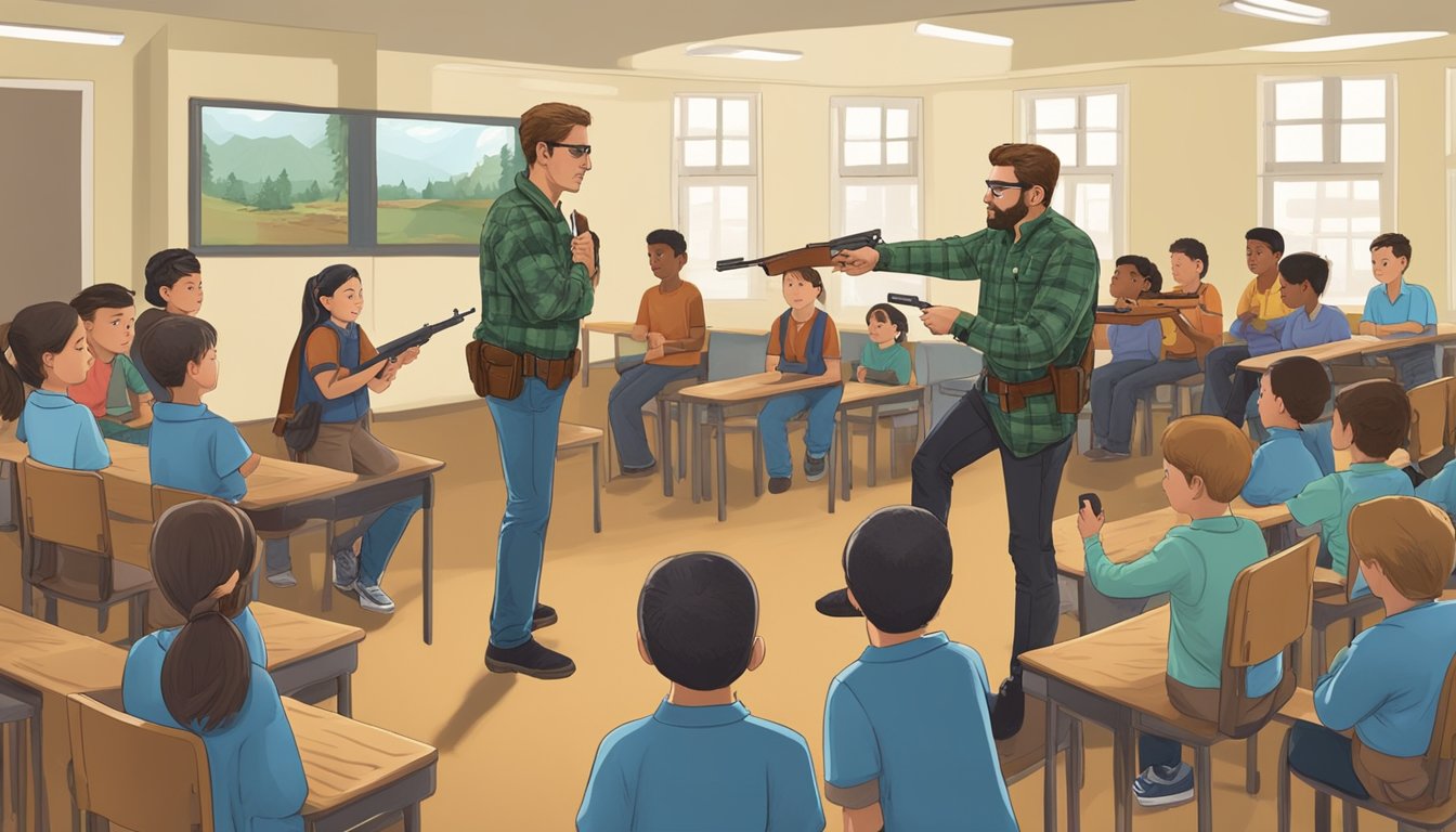 A hunter education instructor demonstrating firearm safety and handling techniques to a group of students in a classroom setting