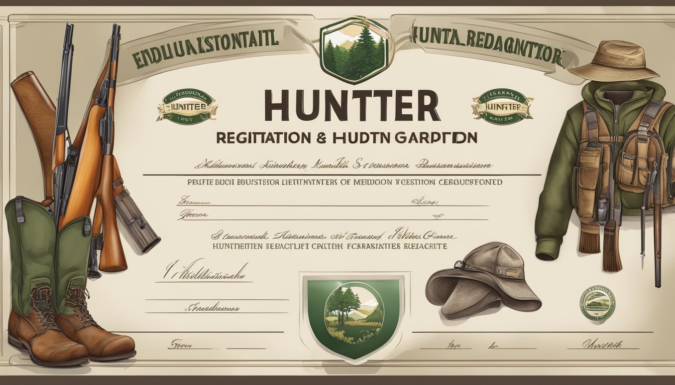 A hunter education registration certificate with hunting gear and wildlife illustrations