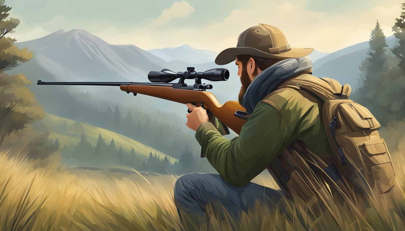 A hunter in a field, aiming a rifle at a distant target