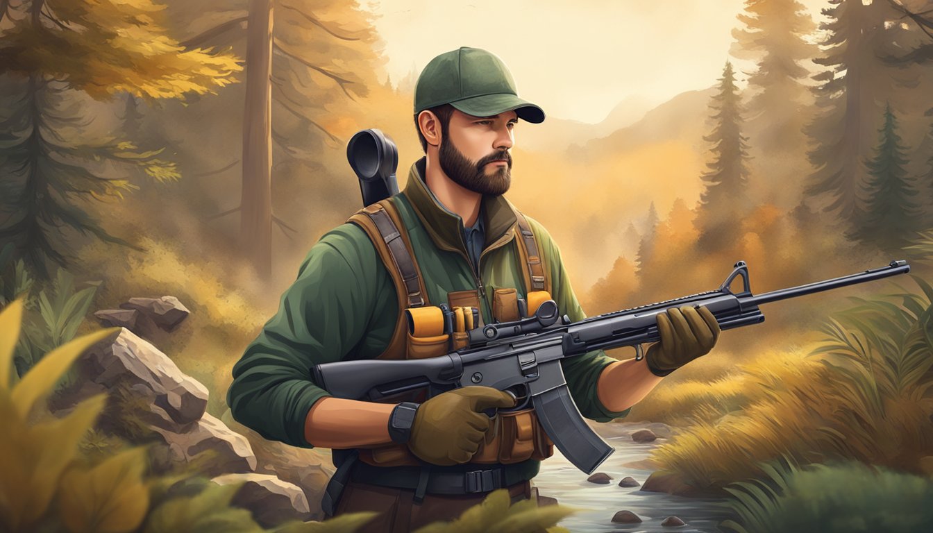 A hunter holding a firearm with proper safety gear, surrounded by nature and wildlife