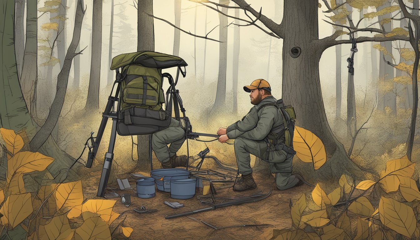 A hunter setting up a tree stand in the woods, with a safety harness and equipment laid out nearby