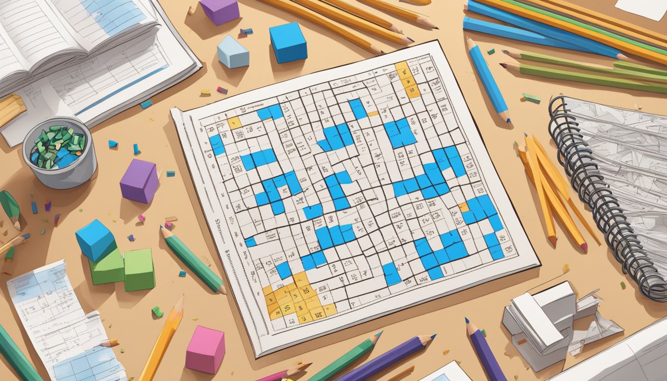 A table with a completed crossword puzzle, surrounded by scattered pencils, eraser shavings, and a stack of hunter education review materials