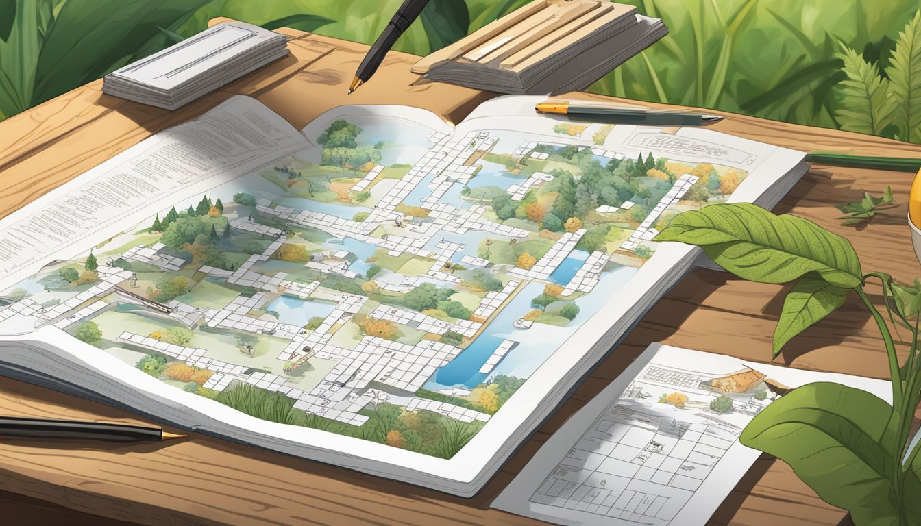 A hunter education review crossword being completed with a pen on a wooden table surrounded by nature-themed illustrations and reference materials