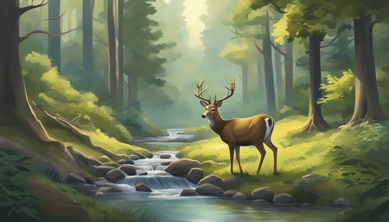 A forest clearing with a deer drinking from a stream, surrounded by trees and wildlife