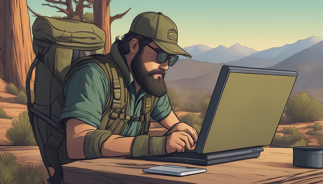 A hunter reading Arizona-specific hunting regulations on a computer while participating in an online hunter education discussion on Reddit