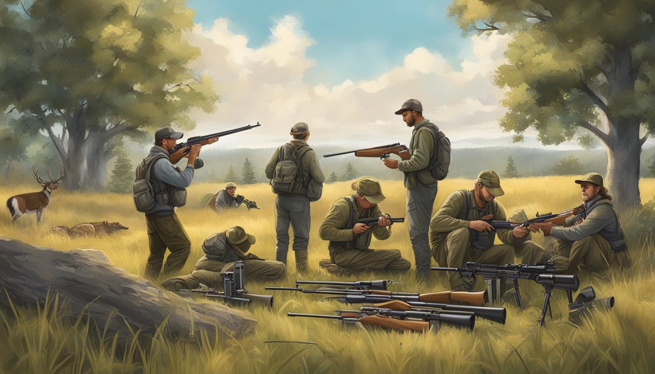 A group of hunters gather gear and supplies, checking rifles and setting up targets in a grassy field