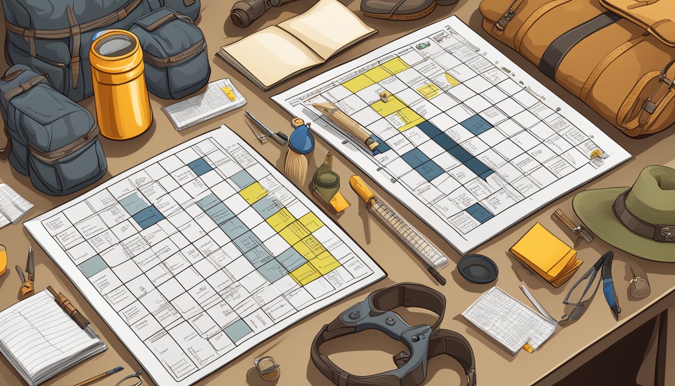 A table with a blank crossword template, surrounded by hunting gear and educational materials