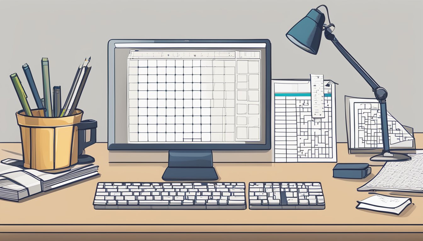 A desk with a computer, pencil, ruler, and paper. A crossword grid is being filled in with clues written on a separate sheet