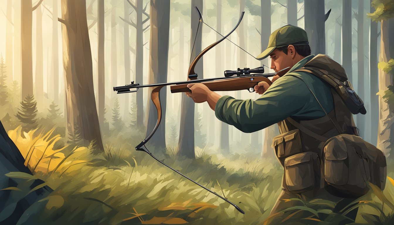 A hunter carefully aims a bow at a target in a forest clearing, surrounded by trees and wildlife