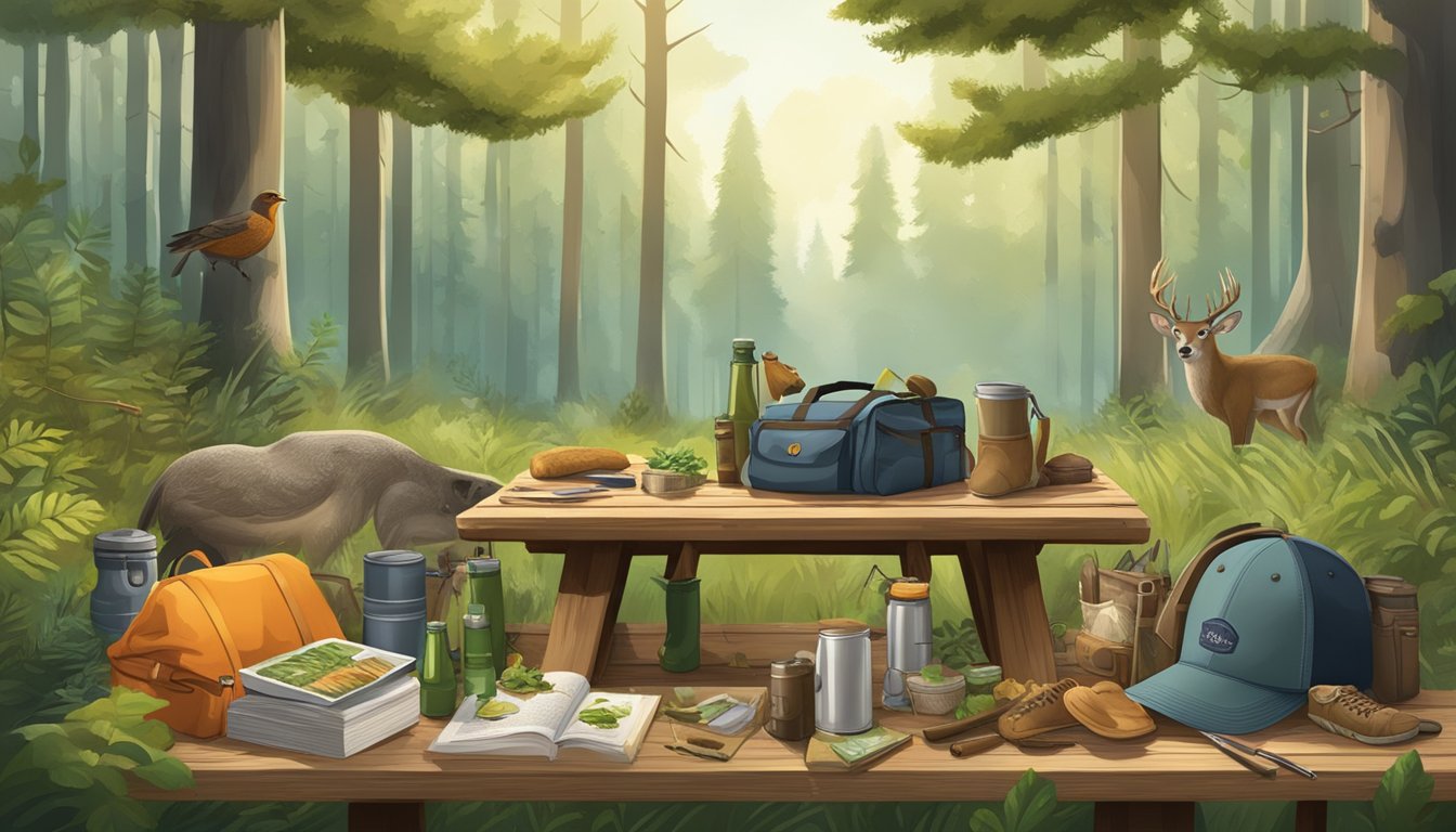 A forest clearing with wildlife, hunting gear, and educational materials spread out on a picnic table