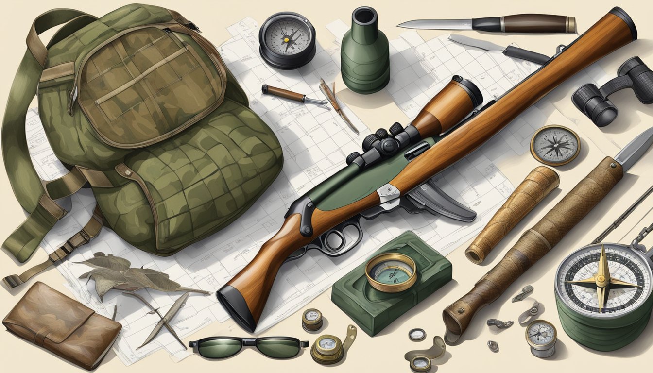 A table with hunting gear: rifle, binoculars, compass, camouflage clothing, and a hunting knife. A crossword puzzle with hunting-related clues lies next to the gear