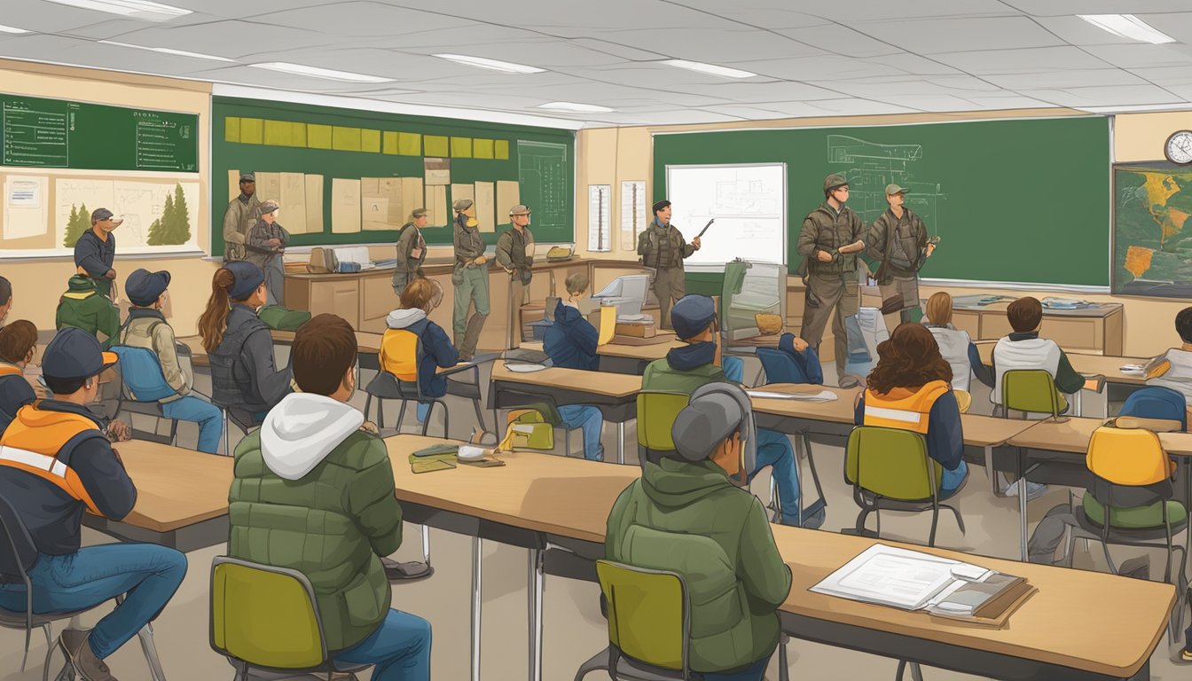 A group of students in a classroom, learning about certification and compliance in a hunter education program. Wildlife and hunting gear are displayed on the walls