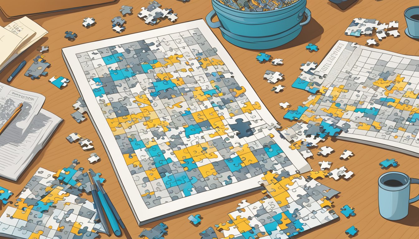 A diverse group of puzzle types, including crosswords, word searches, and jigsaw puzzles, are spread out on a table for a hunter education review