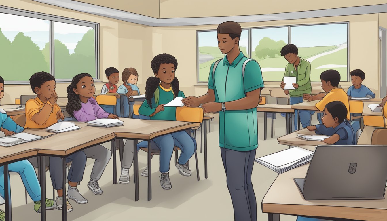 A person receiving a replacement hunter education card in a classroom setting